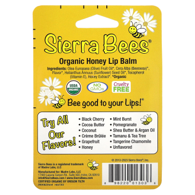 Органічні бальзами для губ, медовий, Sierra Bees