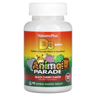 Вітамін D3, з натуральним вишневим смаком, без цукру, Source of Life, Animal Parade, NaturesPlus